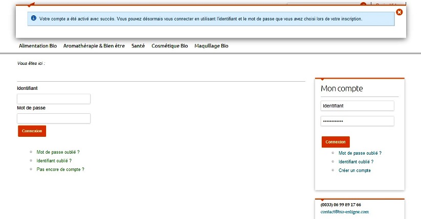 Compte activé - Boutique bio